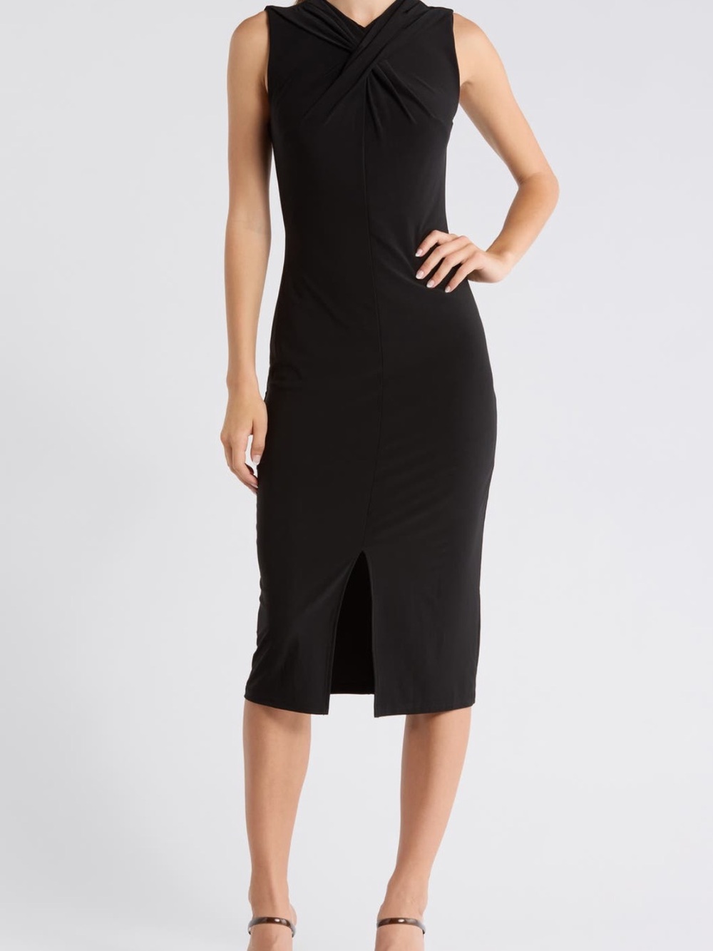 Sam Edelman Black Sleeveless Twist-Neck Midi Dress with Front Slit